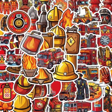Imagem de Adesivos com tema de bombeiro, desenho animado, caminhão de bombeiros, impermeável, 61 unidades