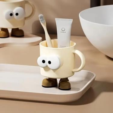 Imagem de Copo de plástico para enxágue de personagem de desenho animado - suporte de escova de dentes bonito com alça, perfeito para casais e dormitórios, durável e fácil de limpar, ideal para armazenamento de