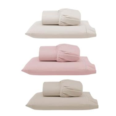 Imagem de Kit 3 Jogos de Lençol Solteiro com Elástico e Fronha Bordada em Ponto Palito, 6 Peças em Micropercal 300 Fios 100% Poliéster (Solteiro Versat(Palha/Rosê/Cáqui))