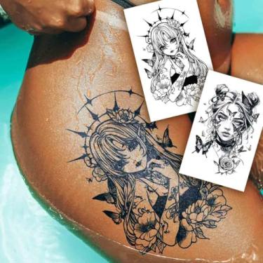 Imagem de 2 peças de tatuagens temporárias semipermanentes realistas de suco de ervas, figura de dois fatores, não refletivo, braço, pescoço, pescoço, coxa, corpo, adesivo de tatuagem à prova d'água