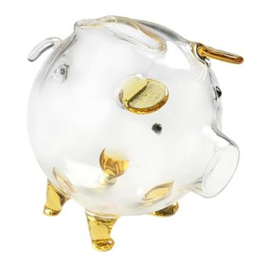 Imagem de WeiLaiKeQi Cofrinho de Porquinho de Vidro Transparente, Cofrinho para Economizar Dinheiro, Ideal para a Páscoa, Dourado 7x6.5cm