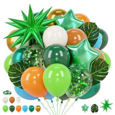 Imagem de Balões de dinossauro, verde-escuro, azul-petróleo e laranja, 30,5 cm, 52 peças, balões de confetes dourados, decorações temáticas de safári na selva para meninos e meninas, festa de aniversário