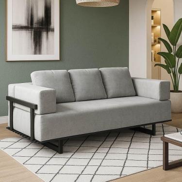Imagem de Sofá Cama 2 Lugares Living 200cm Base Industrial Sala Cherie Linho Cinza K01 - D`rossi