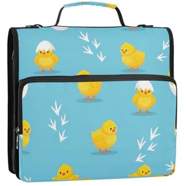 Imagem de Organizador de fichário com zíper fofo pintinhos amarelos 3,5 cm, 3 anéis, bolsa de fichários escolares de tecido resistente com alça de ombro, pasta de armazenamento com alça, 34,5 x 31,5 x 9 cm