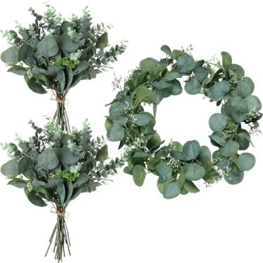 Imagem de FineCheer 3 peças de hastes de folhas de eucalipto e guirlandas de eucalipto para porta da frente, ramos falsos, buquê de vegetação com frutas para decoração de mesa central de casamento, decoração de