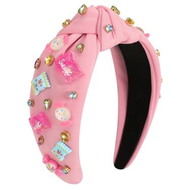 Imagem de Gmmidea Tiara feminina com nó de doce, fofo, arco-íris, pirulito, cupcake, faixa de cabelo com contas, nó largo, faixa de cabelo de aniversário, acessórios de cabelo doce doce