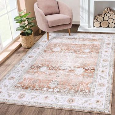 Imagem de LUXLOOM Tapetes de área de 10 x 15 cm, lavável, boho, macio, para sala de estar, ultrafino, antiderrapante, tapete com estampa floral oriental para quarto, sala de jantar, escritório, laranja