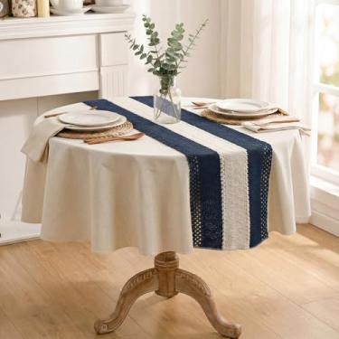 Imagem de Horaldaily Toalha de mesa azul escuro 152 cm x 152 cm, toalha de mesa de linho de algodão rústico, sem vincos, capa de mesa estilo casa de fazenda para decoração de festa em casa