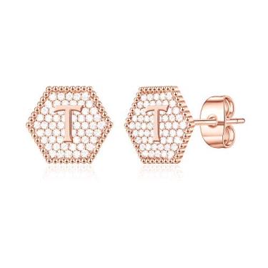 Imagem de Brincos femininos banhados a ouro 14 quilates na moda prata esterlina hexágonos de ouro rosa CZ letra A-Z hipoalergênicos personalizados joias femininas presentes de Natal e aniversário para ela