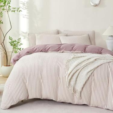 Imagem de Conjunto de edredom Queen Size macio de microfibra lavada, 3 peças, branco, cinza, roxo, estampa de listras verticais, edredom com 2 fronhas, respirável, durável, confortável