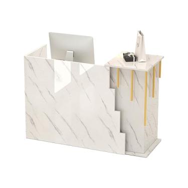 Imagem de Mesa de recepção com balcão, balcão frontal com gaveta com trava, mesa de computador de escritório com grande armário de armazenamento, balcão de recepção para loja de roupas de conveniência (branco