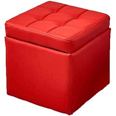 Imagem de Banco de apoio para os pés estofado vermelho com cubo de armazenamento, banquinho de couro portátil, assento acolchoado para sala de estar, organizador de apoio para os pés elegante, decoração