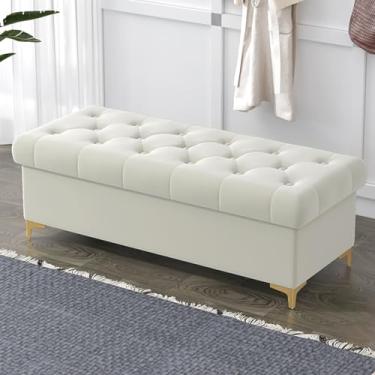 Imagem de Banco otomano de entrada para mudança de sapatos com armazenamento, banco de armazenamento de quarto com pernas de metal, elegante otomano de armazenamento com detalhes em botões para uso no final da