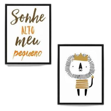 Imagem de Kit 2 Quadros Infantil Leãozinho Sonhe Alto 45X34Cm Preta