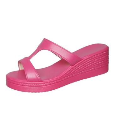 Imagem de Sandálias femininas casuais baotou com meio chinelo grosso design de salto plataforma calçado confortável feito de poliuretano, Rosa choque, 38