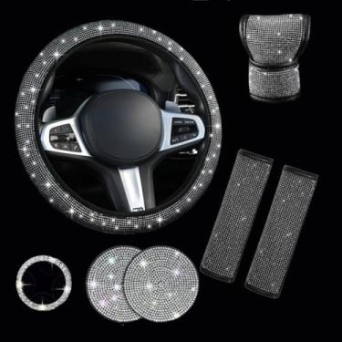 Imagem de Conjunto de Acessórios Automotivos 7 Peças - Capa de Volante com Strass Brilhante e Capas de Cinto de Segurança, Decorativo e Protetor (Branco,38cm)