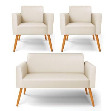 Imagem de Sofá Namoradeira Com 2 Poltronas Pés Palito Castanho Marisa Corino D03 - D\'rossi Cor Bege