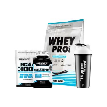 Imagem de Kit Whey Pro Max Body Nutry 900g Chocolate Morango ou Baunilha + Creatina + BCAA + Coqueteleira 600m-Unissex