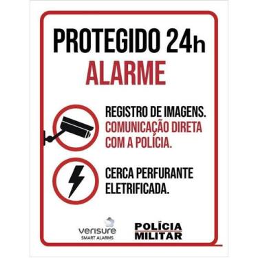 Imagem de Kit 3 Placa Acm De Protegido 24H Alarme Polícia 18X23 Branco - Sinaliz
