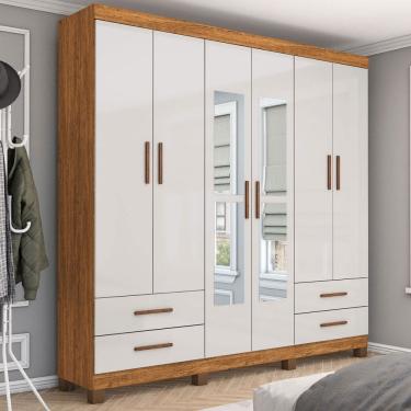 Imagem de Guarda-Roupa Casal Mondo 6 Portas 4 Gavetas com Pés e Espelho Cinamomo/Off White - Pnr Móveis