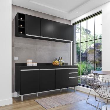 Imagem de Cozinha Compacta Ágatha 180cm 8 Portas 2 Gavetas com Tampo Preto Maderatto Móveis