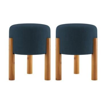 Imagem de Kit 2 Puff Estofado Redondo Tecido Suede Banqueta Elegante COR:AZUL MA