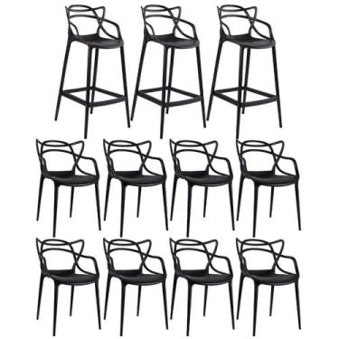Imagem de Laraz, KIT - 8 x cadeiras + 3 x banquetas altas Masters Allegra - Pret