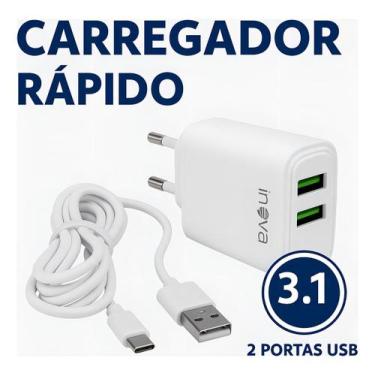 Imagem de Carregador Rápido Inova 3,1A Bivolt  2 USB + Cabo USB-C (Tipo-C) 1 m  