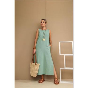 Imagem de Vestido Thati Gutierrez Midi Viscolinho com Fenda e Bolso, Menta, G