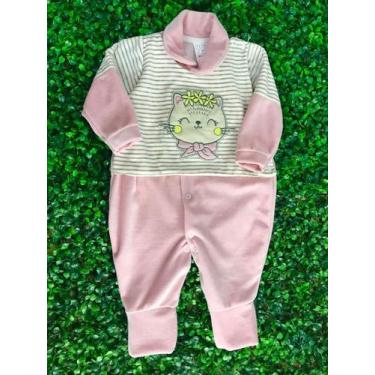 Imagem de Macacão Longo Infantil Fem Plush Rose Listrado Bordado Gato - PETUTINH