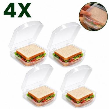 Imagem de Porta lanche kit 4 sanduíches transparente lancheira portátil trava bp