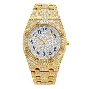 Imagem de ICEDIAMOND CZ Lab Relógio de pulso de quartzo com charme de diamante, zircão gelado 43mm mostrador de calendário hip hop relógio de joias para homens (Gold)