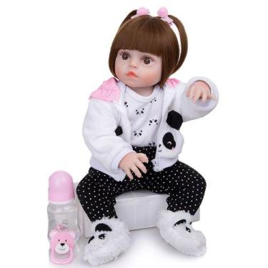 Brastoy Boneca Bebê Reborn Menina Silicone Panda Olhos Castanhos