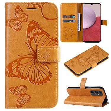 Imagem de Capas de telefone borboleta em relevo para Samsung Galaxy A14 5G capa de couro com compartimentos para cartão de visita de luxo clipe de carteira à prova de choque capas para Samsung A14 5G (amarelo, Samsung A14 5G)