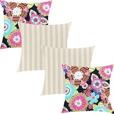 Imagem de Kit 4 Capas de Almofadas Composê Floral Rosa e Listrado Cinza 45x45cm