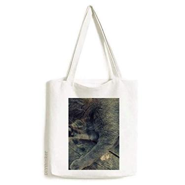 Imagem de Bolsa de lona com estampa de animal cinza com foto de gato bolsa de compras casual
