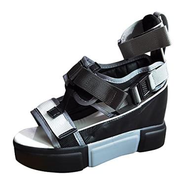 Imagem de Sandálias plataforma femininas com tira aberta no tornozelo sandálias casuais com bico de plataforma colorblock Wedge feminino (cinza, 38)