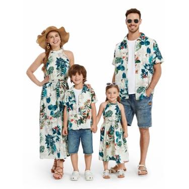 Imagem de PATPAT Roupas havaianas combinando para a família, vestidos para mamãe e eu, conjunto de combinação, vestido de verão e camisas com estampa floral tropical, Branco tropical, 2 Anos