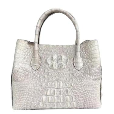 Imagem de Bolsa feminina de couro de crocodilo genuína azul celeste colorida bolsa feminina de couro de jacaré exótico bolsa de ombro única, Branco marfim, 30cm(Length) x 23cm(Height)x 13cm(Deep)