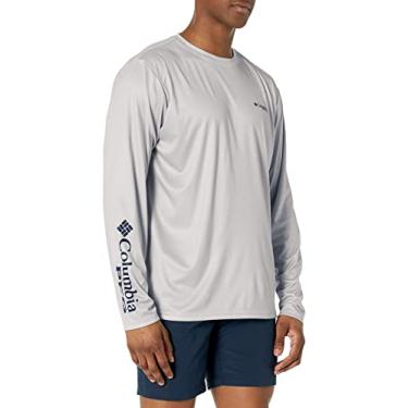 Imagem de Columbia Camiseta masculina Terminal Tackle PFG Fish Star, manga comprida, cinza claro/gradiente de marlin da marinha universitária, pequeno