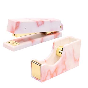 Imagem de MultiBey Conjunto de grampeador e dispensador de fita de mármore rosa com 1000 grampos e fita em ouro rosa, base de borracha antiderrapante, grampeador de mesa, cortador de fita para mulheres,