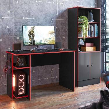 Imagem de Mesa para Computador 3875 e Armário Gamer 4095 Ambiente Preto Fosco Vermelho - Qmovi