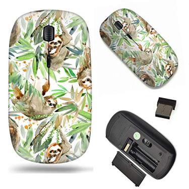 Imagem de Mouse óptico de padrão exclusivo móvel sem fio 2,4 G portátil para notebook, PC, laptop, computador - padrão tropical aquarela com preguiça e árvore