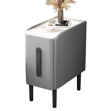Imagem de Mesa lateral estreita com 2 gavetas | Mesa de cabeceira fina Mesa de sofá moderna para decoração de casa | Mesa de cabeceira moderna de meados do século para espaços pequenos, cinza claro, 3