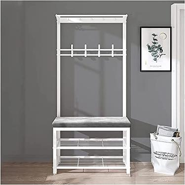 Imagem de Banco de entrada com cabideiro, banco de armazenamento de árvore 3 em 1, cabideiro, banco de sapatos com ganchos, sapateira, almofada de veludo, fácil de montar