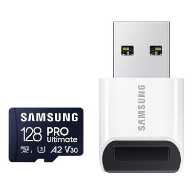Imagem de Samsung Leitor de cartão de memória microSD PRO Ultimate, 128 GB microSDXC, até 200 MB/s, 4K UHD, UHS-I, Classe 10, U3, V30, A2 para câmera de ação GoPRO, drone DJI, jogos, telefones, tablets