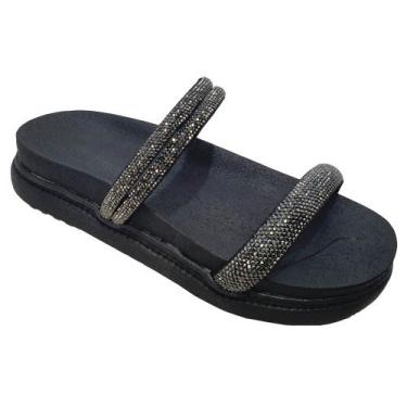 Imagem de Sandália Flatform Papete Anatômica 3 Tiras Strass Moda Pé, 36, Preto