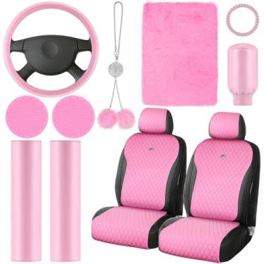Imagem de Nuenen Conjunto de 15 peças rosa acessórios para carro capas de assento de carro conjunto completo diamante acessórios de carro capas de volante diamante capas de cinto de segurança capas de cinto de segurança glitter central console interior do carro decoração interior do carro