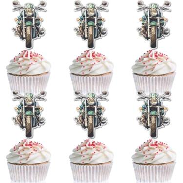 Imagem de 18pcs Cycling Motorcycle cupcake decorations Green glitter Harley motorcycle happy birthday scooter decorations, racing party, rider birthday parties, cruising motorcycle party decorations.LIANGSS