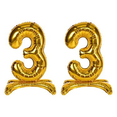 Imagem de Beistle Balões com números de 66 cm Mylar dourado nº 3, com canudos de sopro apenas ar, suprimentos para festa de aniversário, decorações de véspera de ano novo, centros de mesa de formatura